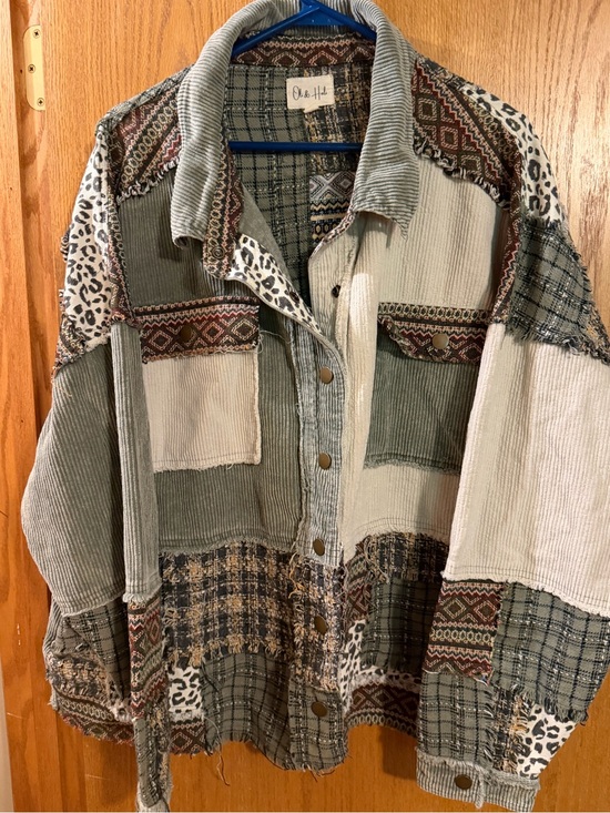 Oli & Hali Jackets & Blazers - Oli & Hali Olive Patchwork Corduroy Shacket with Neutral Accents